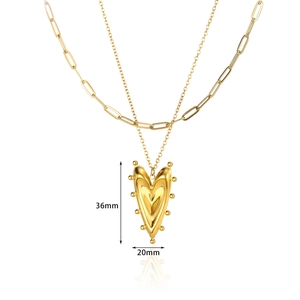 Double-layered 18K gold stainless steel necklace with 3D heart pendant for women