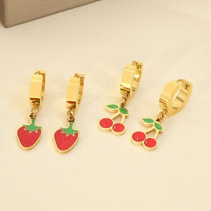 18K gold stainless steel earrings featuring strawberry and cherry fruit charms