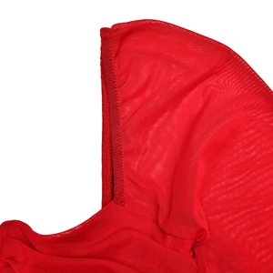 Detail of red mesh fabric showing breathable texture and fine stitching on the dress