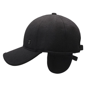 Black winter baseball cap with fold-down ear flaps and warm thickened wool fabric