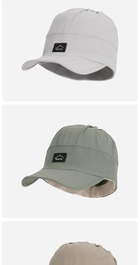 Close-up of lightweight sports sun caps in grey, green and khaki with Sport labels