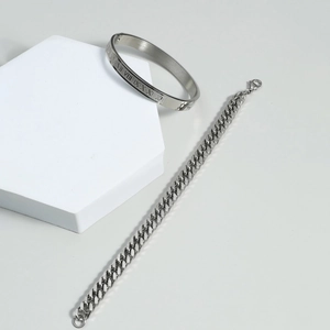 Titanium steel bangle and Cuban chain set with Roman numerals for a hip hop style