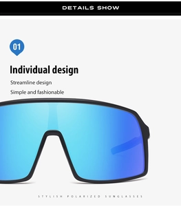 Detail of polarized blue mirrored lens and sleek black TR90 frame on sports sunglasses