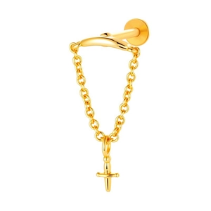 Titanium dagger pendant labret stud with gold chain link and flat back internally threaded