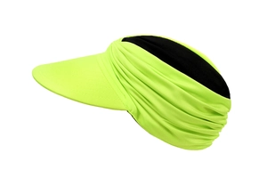 Detail view of the wide brim and flexible headband of this fluorescent yellow sun visor