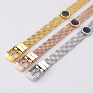 Detailed view of adjustable 18k stainless steel mesh bracelets with Roman numerals charms