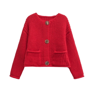 Solid red chunky knit cardigan featuring single-breasted buttons and dual front pockets
