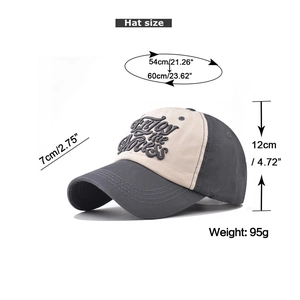 Detailed sizing chart of the washed cotton baseball cap with embroidered lettering