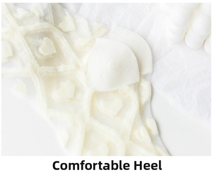 Close-up of heart patterned mesh socks featuring a reinforced comfortable heel design