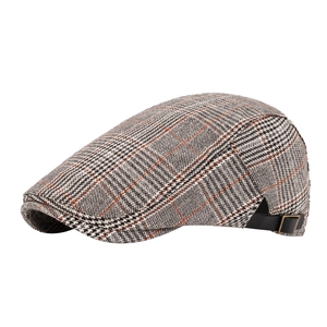 Classic plaid newsboy cap in black and white with adjustable leather back strap
