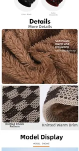 Detail of warm winter beanie featuring checkered pattern and soft plush fleece lining