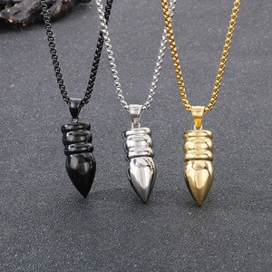 Three bullet pendant necklaces in black, silver and gold finishes with steel box chains