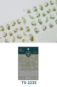 Detailed close-up of 5D Lily of the Valley nail stickers with embossed lace textures