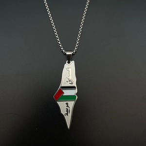 Vue détaillée du collier pendentif carte Palestine en acier inoxydable aux couleurs du drapeau
