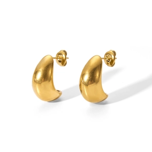 Polished 18k gold plated hollow bean C-shape earrings for women in geometric style