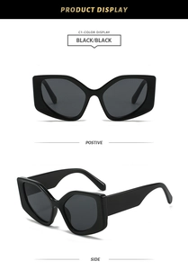 Detailed front and side views of black irregular cat eye sunglasses with resin frames