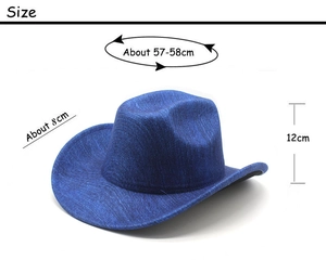 Dettaglio dimensioni cappello cowboy blu con circonferenza 58cm e tesa di 8cm