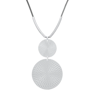 Minimalist geometric double circle pendant necklace with spiral texture on silver metal