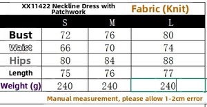 Detailed size guide table for halter neck patchwork knit dress showing S M L dimensions