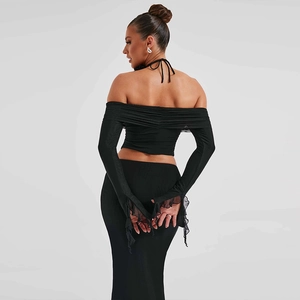 Slim fit two-piece black set featuring off-shoulder long sleeves and a long skirt