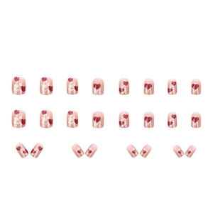 Pink heart press-on nails with shimmering white marble glitter accents 24-piece set