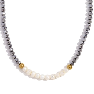 Handmade beaded necklace featuring grey faceted crystals, gold beads and freshwater pearls