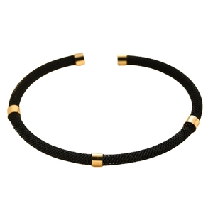63mm stainless steel cable wire cuff bangle with black braiding and gold ring accents