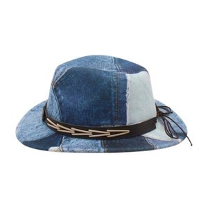 Detail of patchwork denim fedora hat for kids with leather band and stitch accents