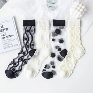 Women Summer Thin Transparent Mesh Crew Socks Cotton Blend Polka Dot Heart Pattern INS Style Sheer Fashion Socks