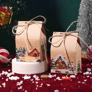 Christmas Kraft paper gift boxes with reindeer and Santa patterns, tied with twine cord