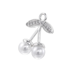 Detailed close-up of a silver cherry pendant featuring white pearls and tiny zircons
