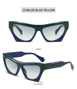 Front and 45-degree views of cat eye sunglasses with green blue dual-tone frames