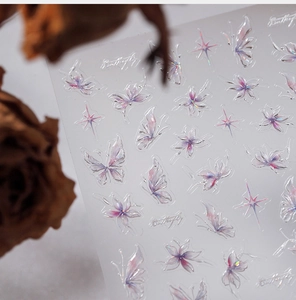 Macro detail of iridescent holographic butterfly nail stickers with 3D glass-shatter effect