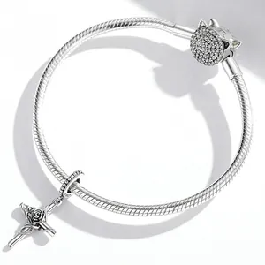 S925 sterling silver snake chain bracelet with rose cross pendant and pavé crystal clasp