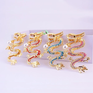 Chinese Zodiac Dragon Keychain Gold Zinc Alloy Colorful Rhinestone Faux Artificial Pearl Bag Pendant Car Key Ring Gift