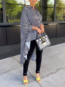 Women Striped Oversized Long Sleeve Shirt Polyester Spandex Irregular Hem Button Up Lapel Casual Fashion Top