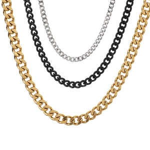 Three-color stainless steel Cuban link chains in gold, black and silver finishes