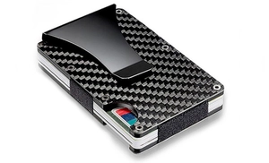 Detailed view of carbon fiber RFID credit card holder with matte black money clip