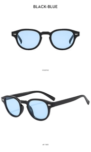 Front and 45-degree side views of vintage round sunglasses with black frames and blue lenses