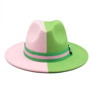 Two-tone wool fedora hat in pink and green with striped band and flat brim