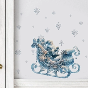 Stickers muraux de Noël avec traîneau du Père Noël bleu et argent et flocons de neige
