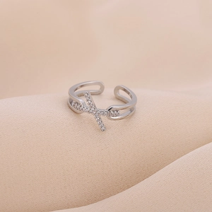 Elegant silver cross open ring with sparkling zircon stones and double-layered hollow band