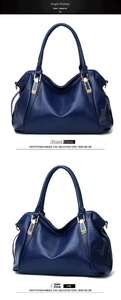 Front and side angles of a premium blue textured large capacity women's shoulder bag
