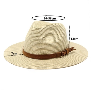 Detail view of beige straw sun hat with dimensions showing brim width and crown height