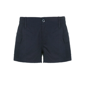 Women's dark blue utility denim shorts with elastic waist and cargo pockets on white background