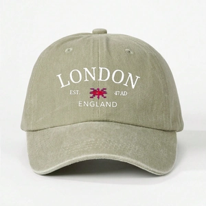 Detailed white London embroidery on vintage washed cotton olive green baseball cap
