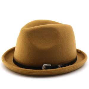 Detail of wool fedora hat with rolled brim and black leather band with silver buckle