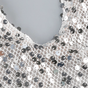 Detailed macro view of silver sequins on mesh fabric showing texture and metallic luster