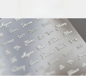 Macro detail of 3D embossed silver nail art stickers with metallic English words