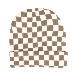 Classic checkered checkerboard knit beanie in brown and beige with a stylish rolled edge